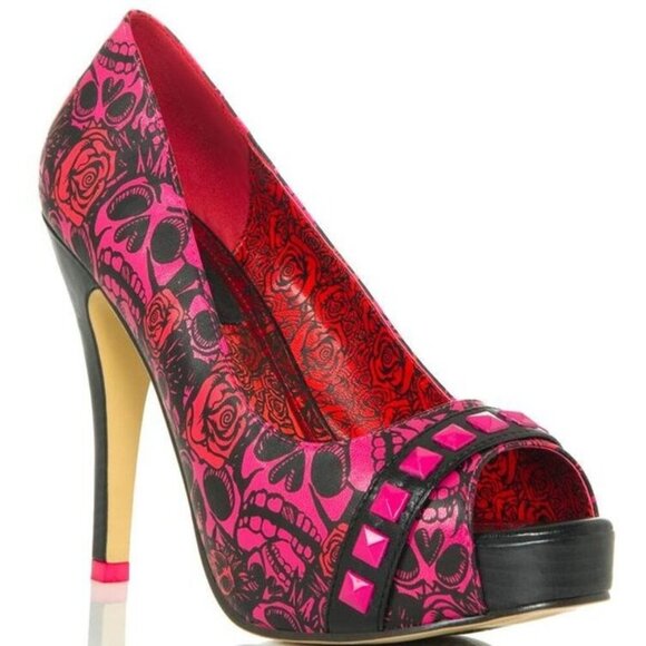 JustFab Women's Pink-Black Skull Peep Toe Heels Size 41 - Picture 1 of 11